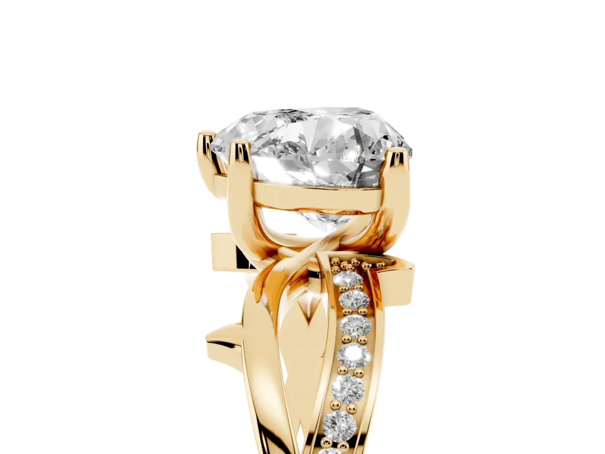 Heart Cut Solitaire Twist Band with Pavé Accents and Four-Prong Setting Yellow gold