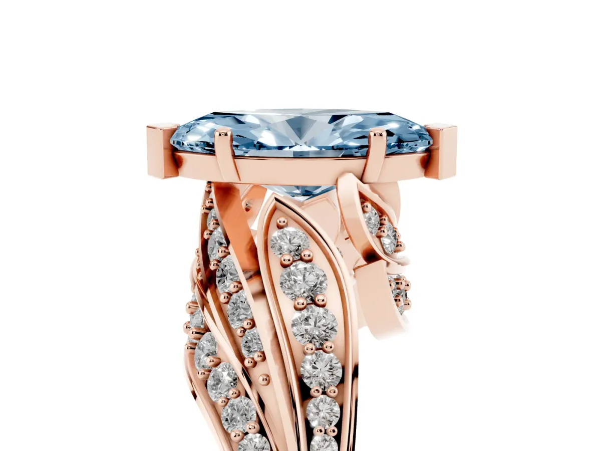 Fancy Blue Marquise Cut Diamond Solitaire Ring with Prong Setting and Twisted Pavé Band Rose gold