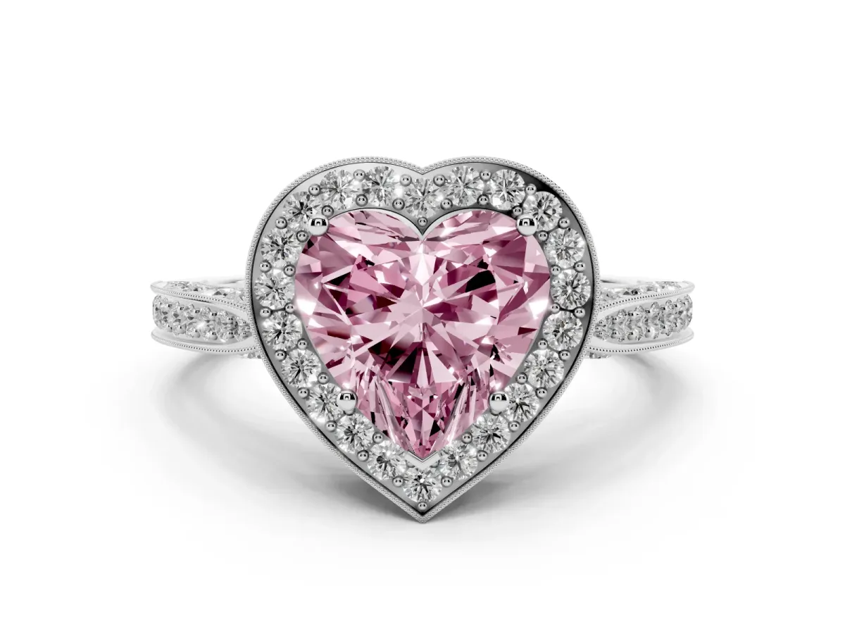 Fancy Pink Heart Cut Halo Diamond Engagement Ring with Split Shank Band and Four-Prong Setting Silver