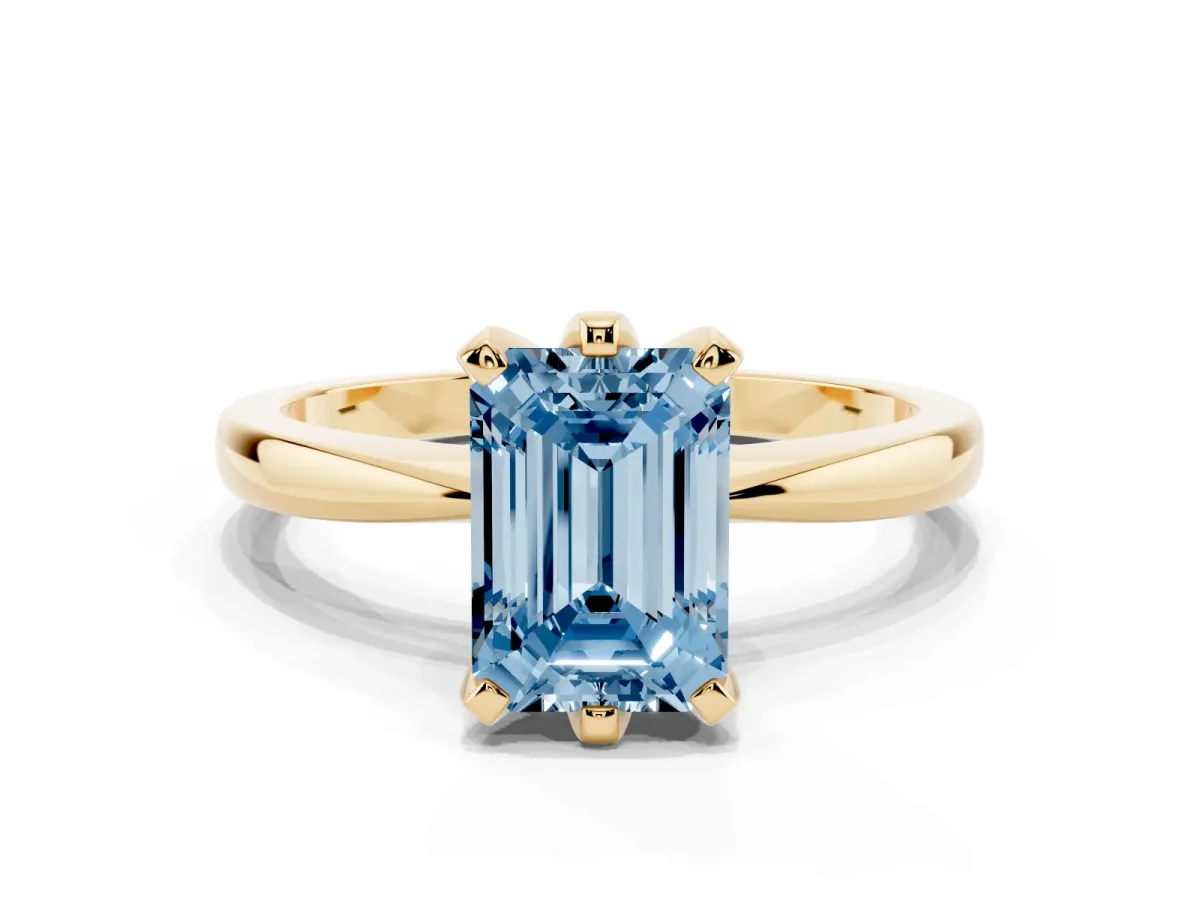 Fancy Blue Emerald Cut Solitaire Engagement Ring with Six-Prong Setting and Tapered Band Yellow gold