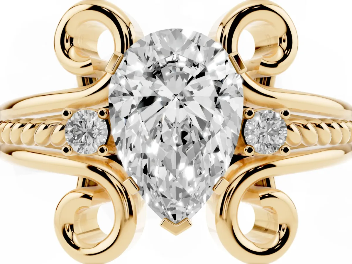 Pear Cut Solitaire Twisted Band Scroll Prong Ring Yellow gold