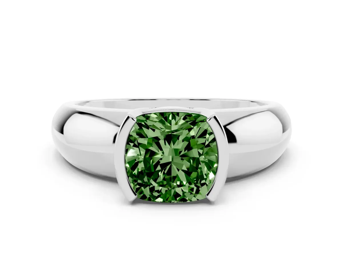 Fancy Green Cushion Cut Solitaire Tension Set Diamond Ring with Wide Band White gold