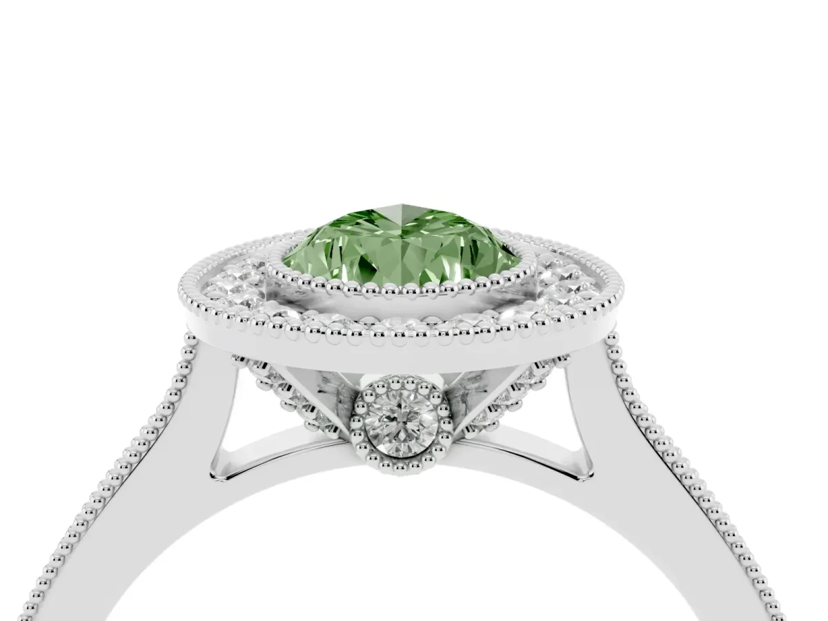 Fancy Green Halo Pear Cut-Cut Diamond Pave Band Milgrain Prong Setting Ring Platinum