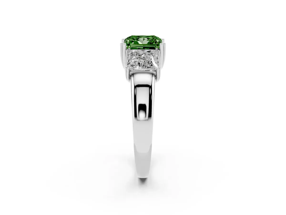 Fancy Green Three-Stone Princess Cut Cut Diamond Ring with Channel Set Band and Four-Prong Setting White gold