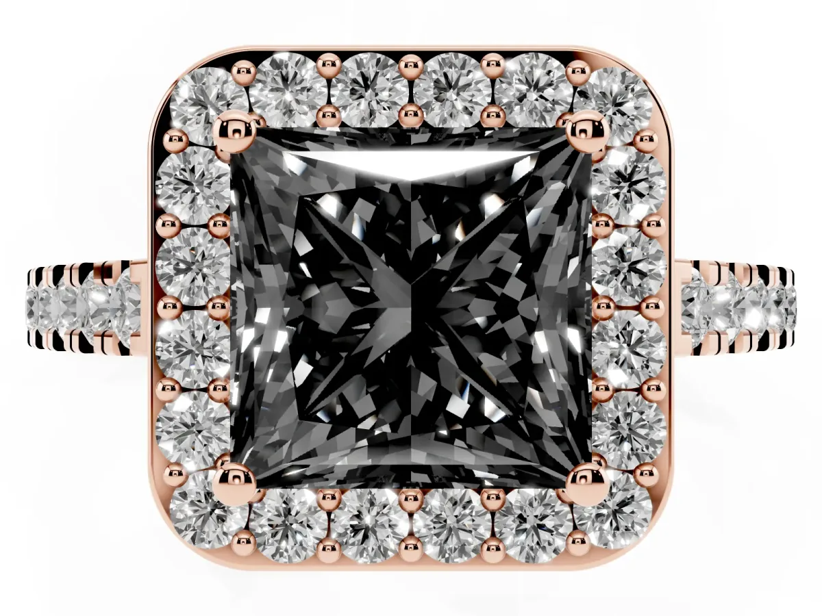 Fancy Black Princess Cut Diamond Halo Ring with Round Pavé Split Shank and Prong Setting Rose gold