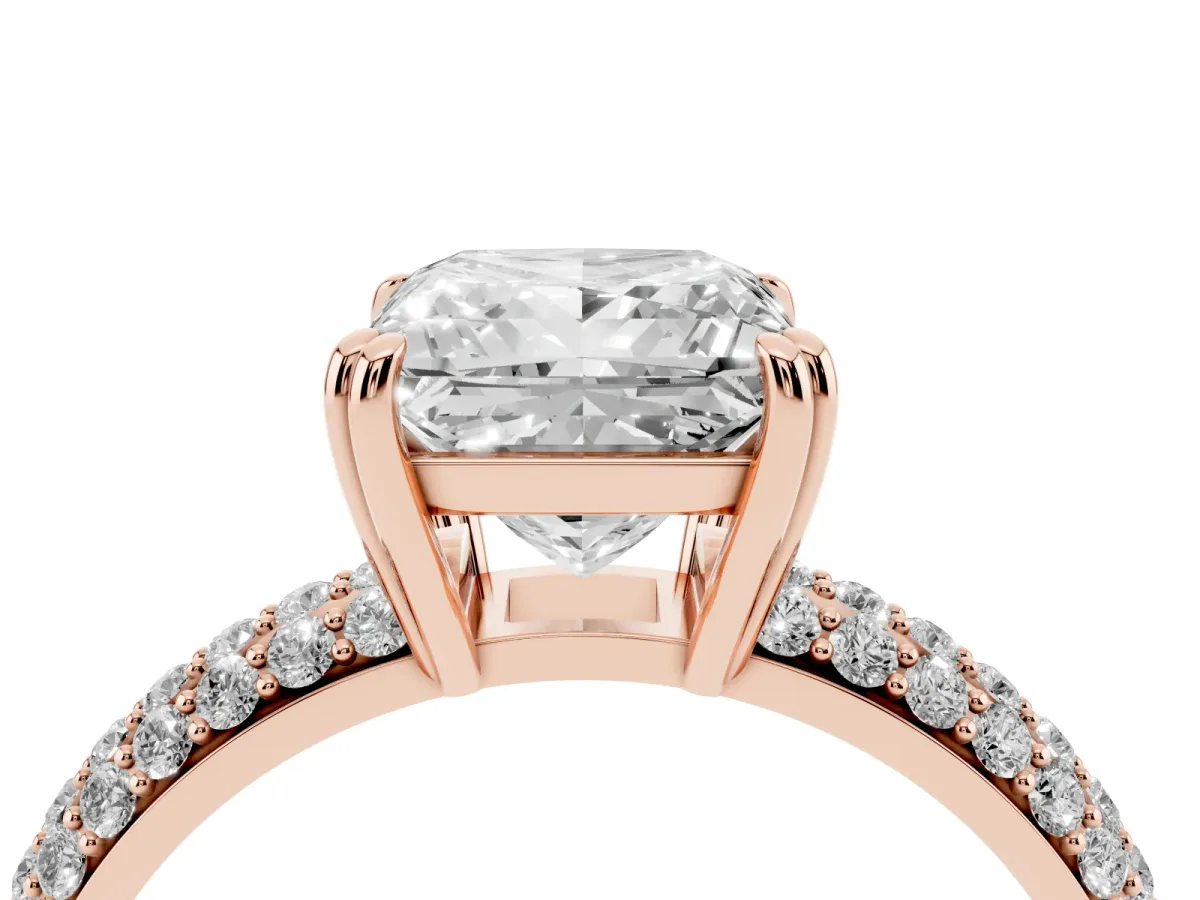 Princess Cut Diamond Solitaire Ring with Multi-Row Round Pavé Band and Prong Setting Rose gold