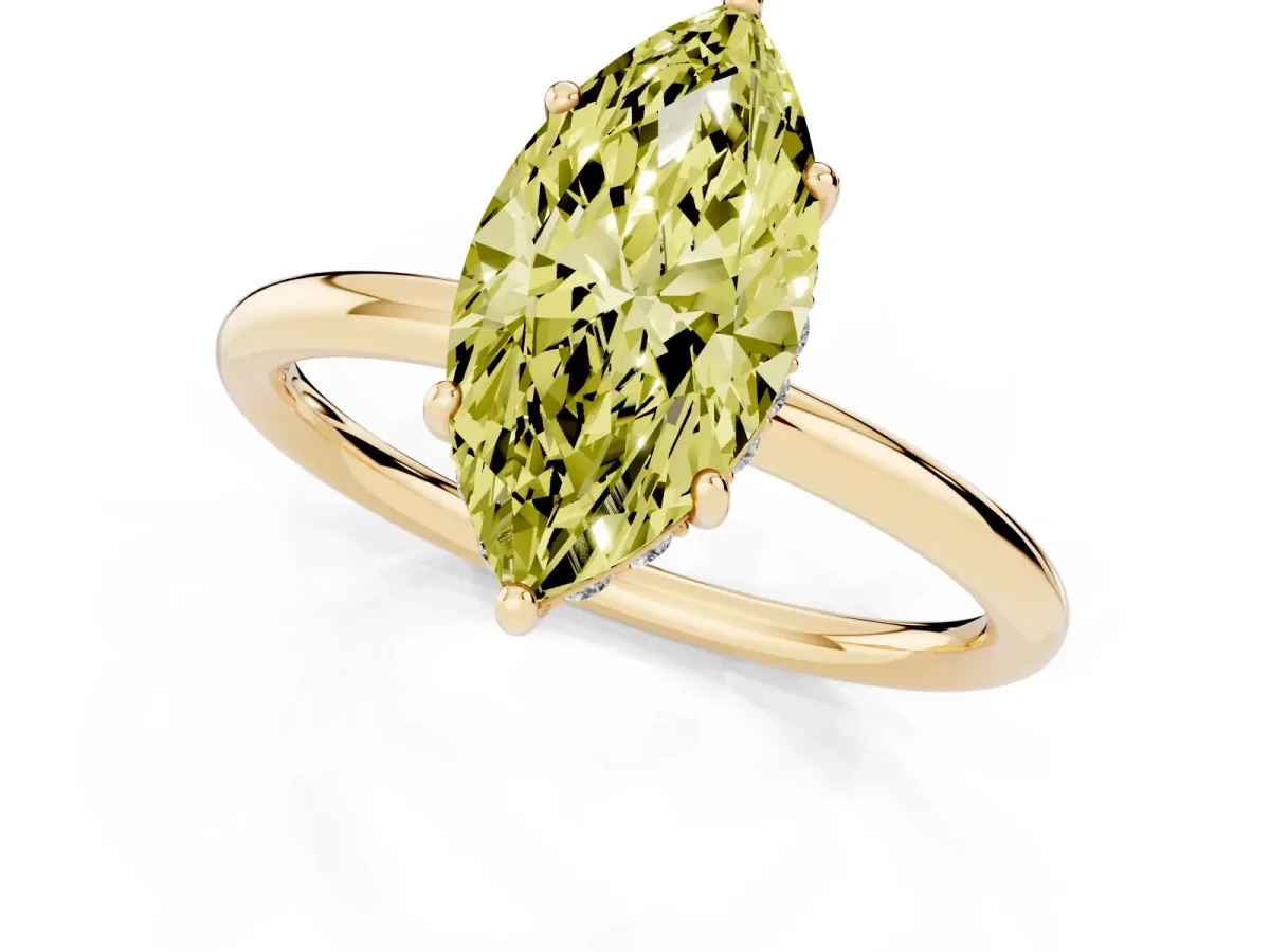 Fancy Yellow Marquise Cut Solitaire Diamond Ring with a Classic Band and Four-Prong Setting Yellow gold