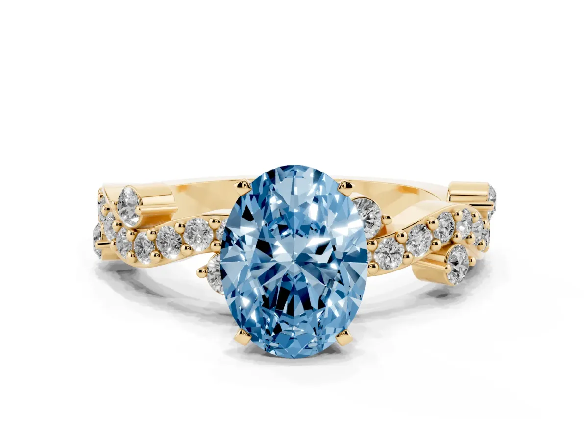 Fancy Blue Oval Cut Cut Solitaire Diamond Twisted Band with Pave Setting Yellow gold