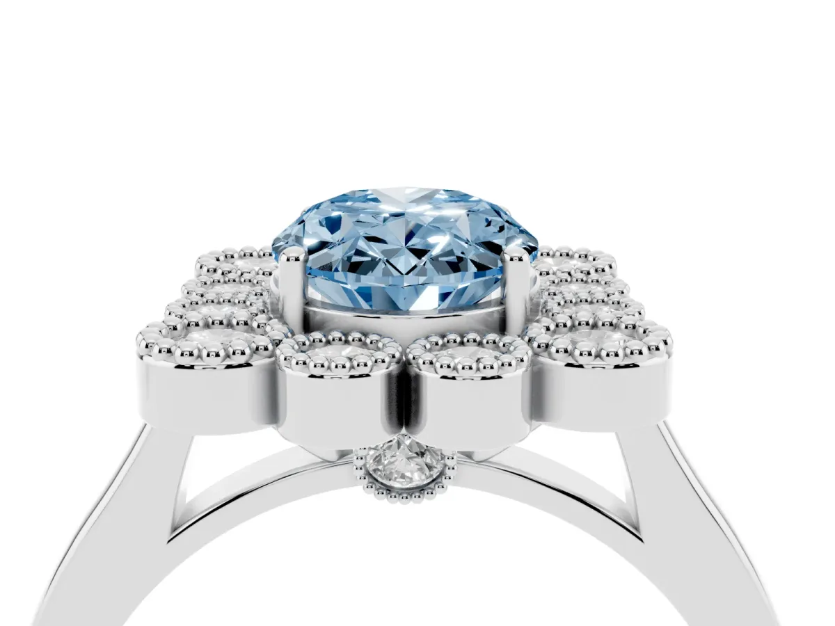 Fancy Blue Oval Cut Halo Diamond Cluster Engagement Ring with Milgrain Bezel Setting and Solitaire Band White gold