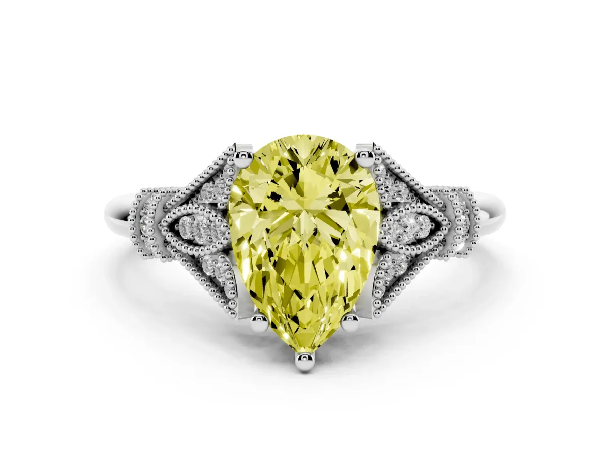 Fancy Yellow Pear Cut Diamond Solitaire Ring with Floral Filigree and Pave Accents Platinum