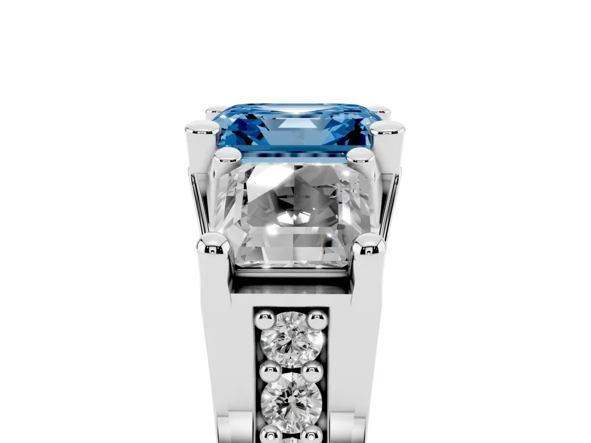 Fancy Blue Asscher Cut Diamond Three-Stone Ring with Channel Set Band and Four-Prong Setting Silver
