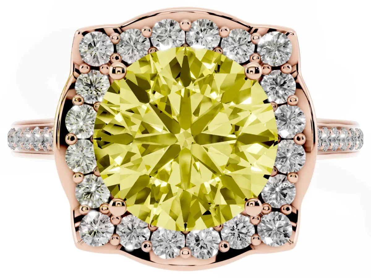 Fancy Yellow Round Cut Halo Round Diamond Pave Band with Four-Prong Setting Rose gold