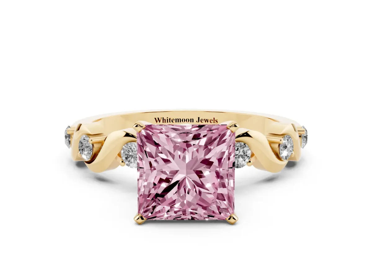 Fancy Pink Princess Cut Diamond Solitaire Twisted Band with Round Accents and Prong Setting Yellow gold