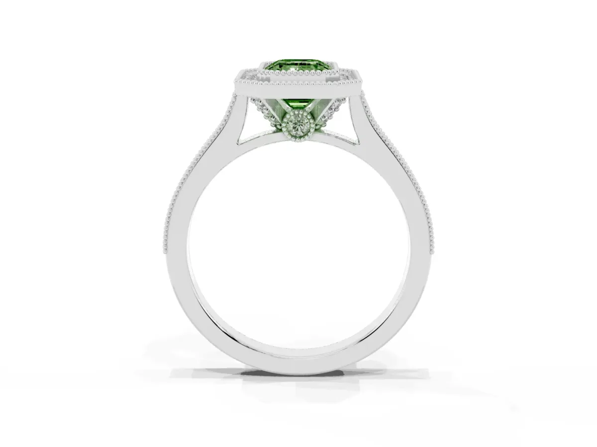 Fancy Green Halo Emerald Cut-Cut Diamond Pave Band Milgrain Prong Setting Ring Silver