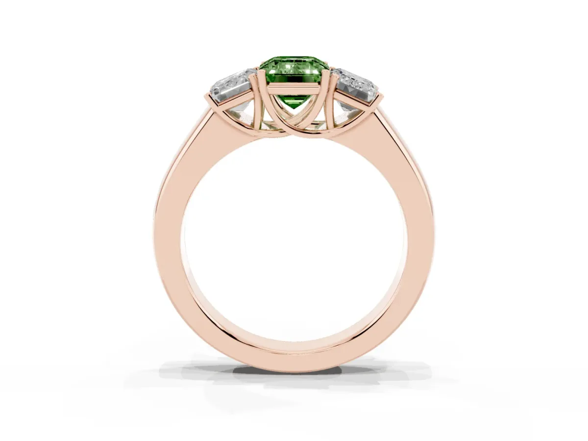 Fancy Green Three-Stone Emerald Cut Cut Diamond Ring with Prong Setting and Classic Band Rose gold