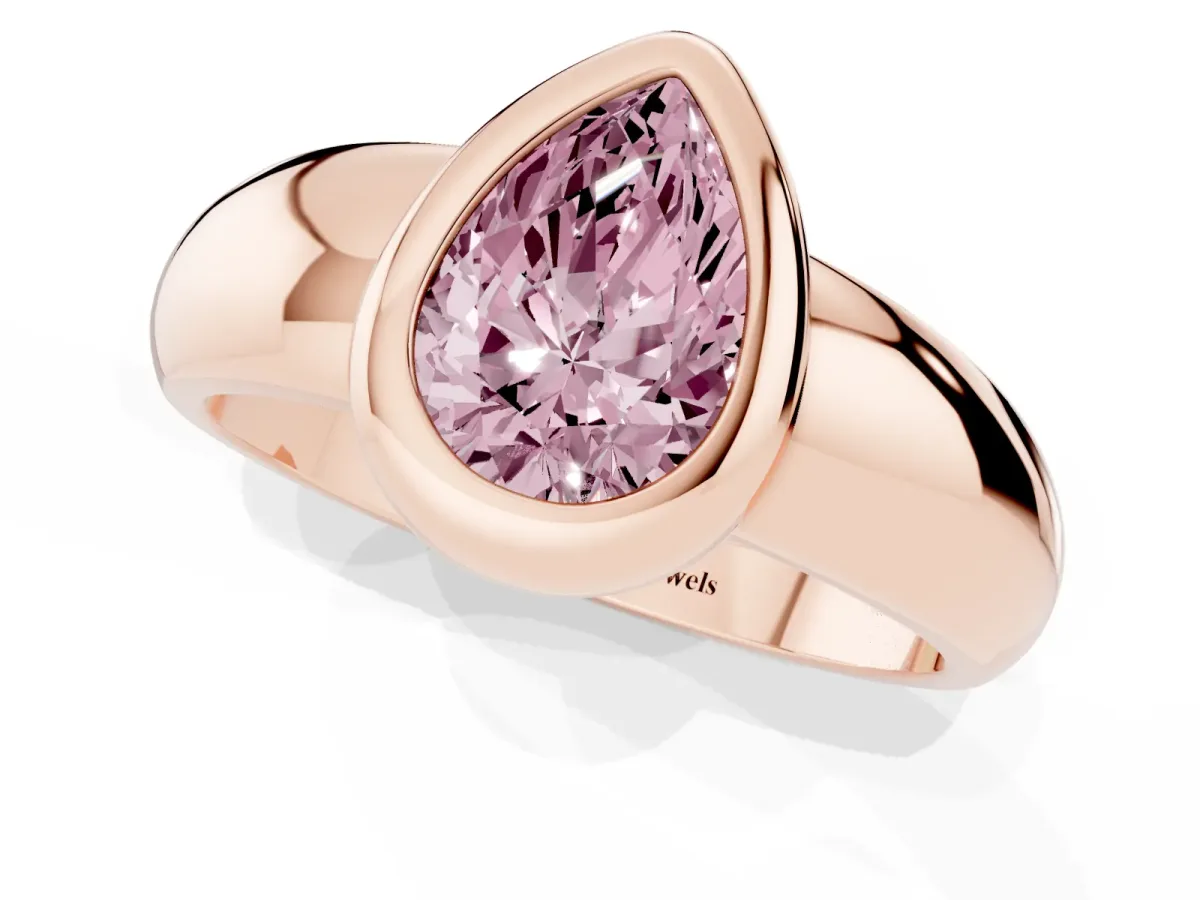 Fancy Pink Bezel Set Pear Cut Solitaire Ring with Wide Band Rose gold