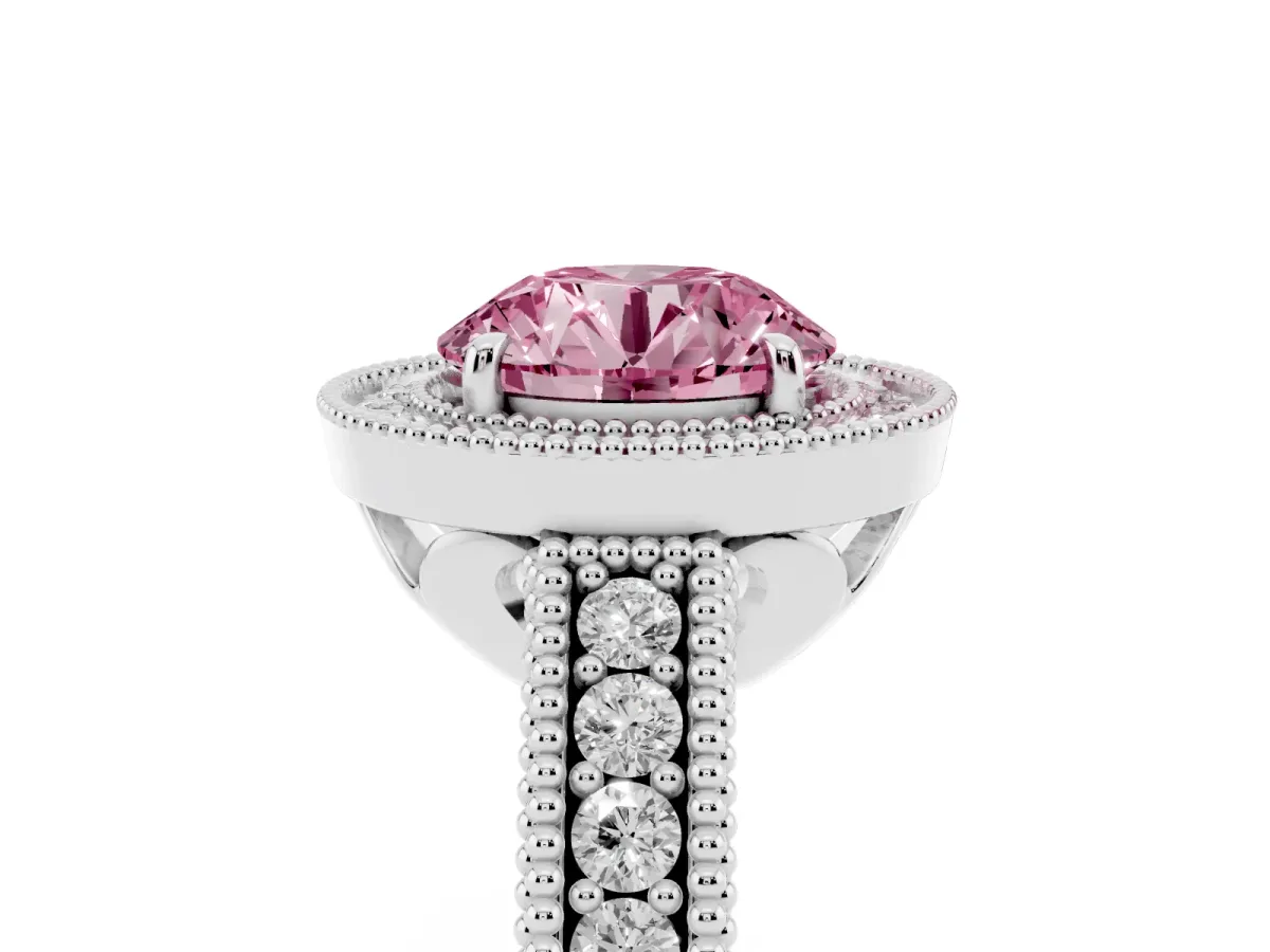 Fancy Pink Round Cut Cut Halo Diamond Ring with Pavé Band and Four-Prong Setting White gold