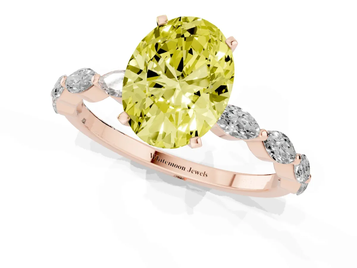 Fancy Yellow Oval Cut Diamond Ring with Marquise Side Stones and Prong Setting Rose gold