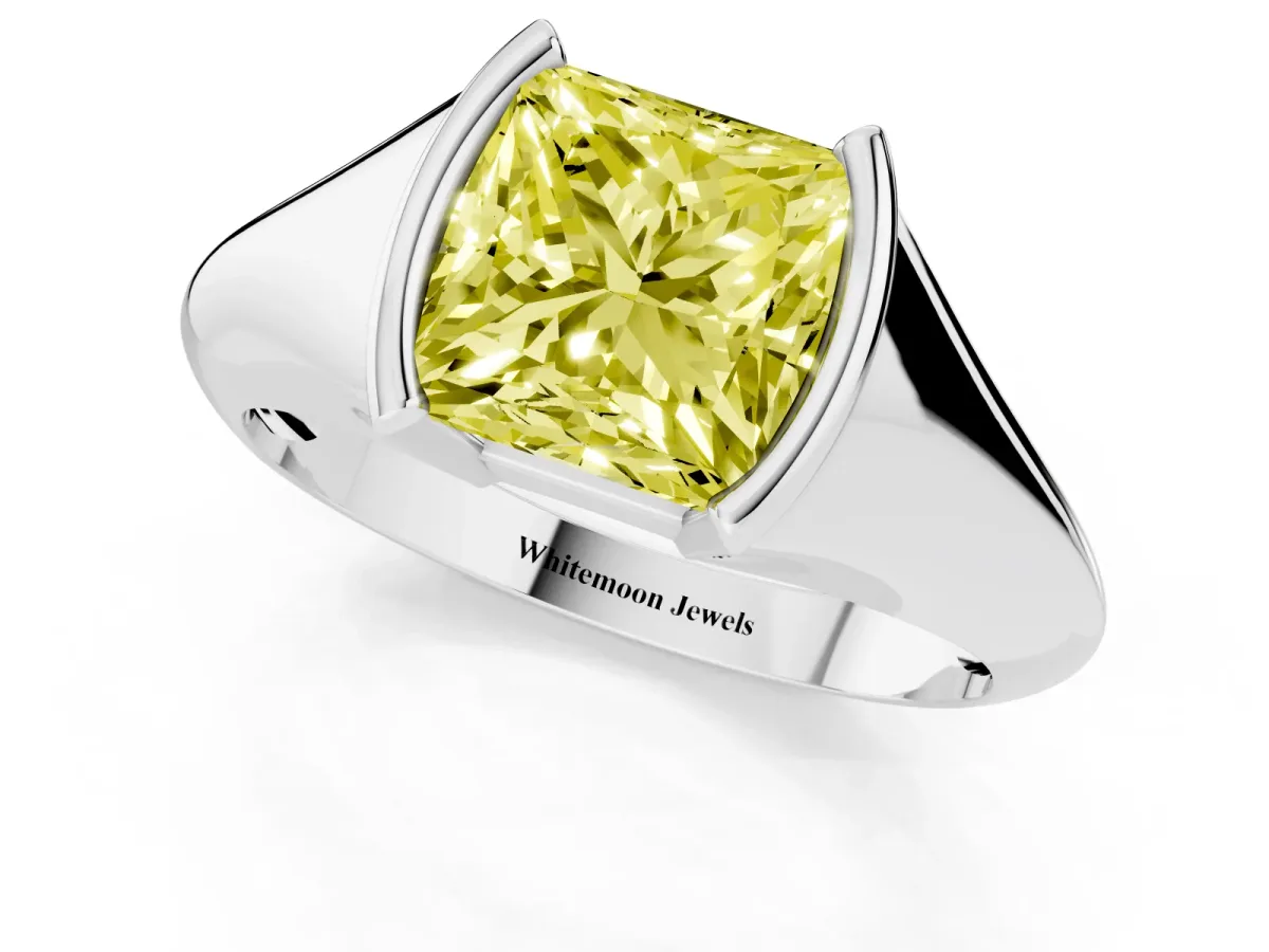Fancy Yellow Princess Cut Solitaire Tension Set Diamond Ring Silver