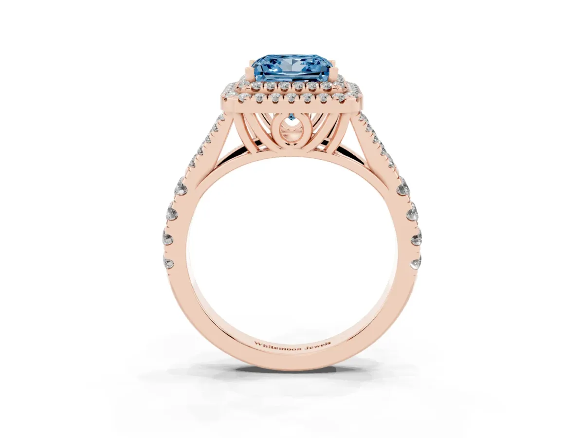 Fancy Blue Princess Cut Diamond Double Halo Ring with Split Shank and Prong Setting Rose gold