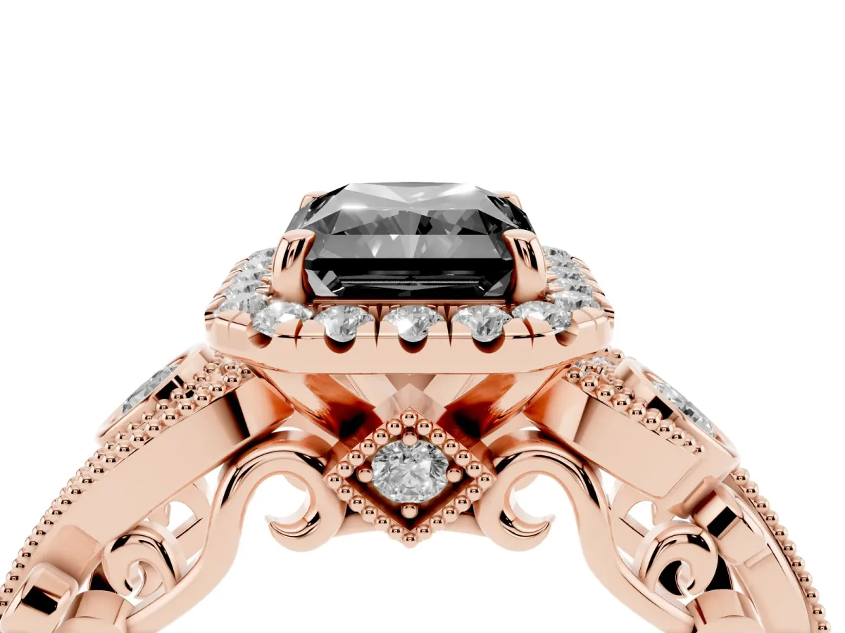 Fancy Black Radiant Cut Halo Diamond Ring with Milgrain and Bezel Accents on a Split Shank Band Rose gold