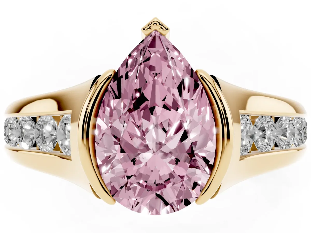 Fancy Pink Pear Cut Solitaire Bezel-Set Diamond Ring with Channel-Set Band Yellow gold