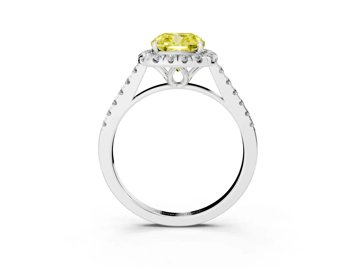 Fancy Yellow Cushion Cut Halo Pavé Diamond Engagement Ring with Four-Prong Setting Silver