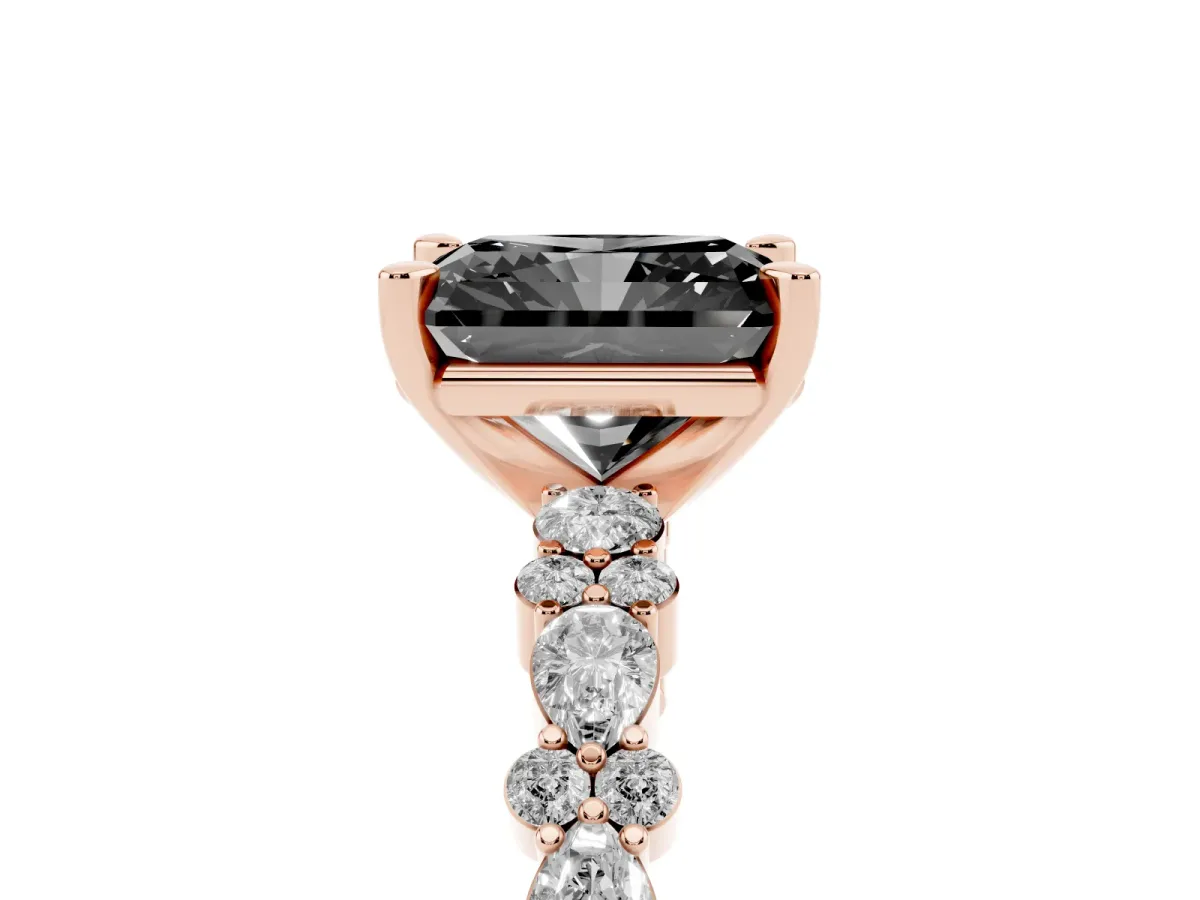 Fancy Black Radiant Cut Diamond Side Stone Solitaire Ring with Round and Four-Prong Setting Rose gold