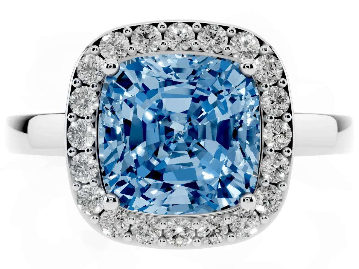 Fancy Blue Cushion Cut Halo Diamond Ring with Solitaire Band and Prong Setting Silver