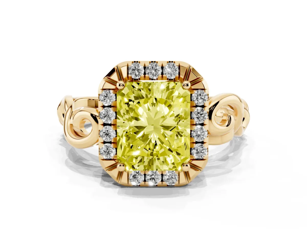 Fancy Yellow Radiant Cut Cut Halo Diamond Ring with Scrollwork Band and Four-Prong Setting Yellow gold