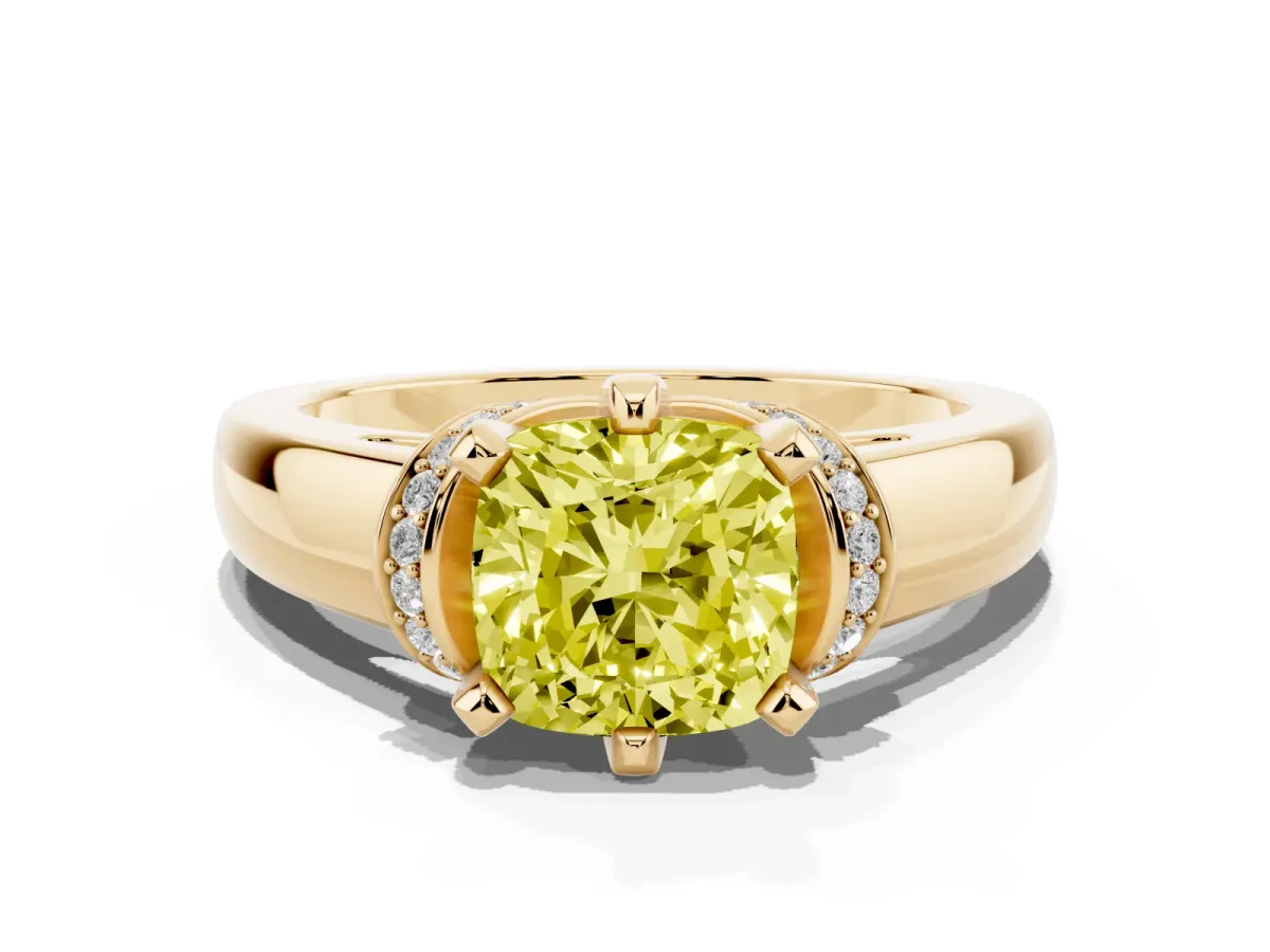 Fancy Yellow Cushion Cut Solitaire Diamond Ring with Pave Band and Six-Prong Setting Yellow gold