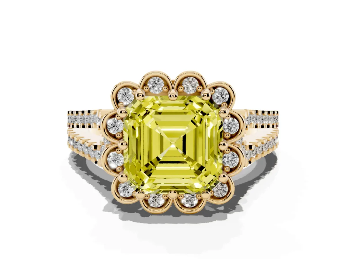 Fancy Yellow Asscher Cut Halo Diamond Floral Split Shank Engagement Ring Yellow gold