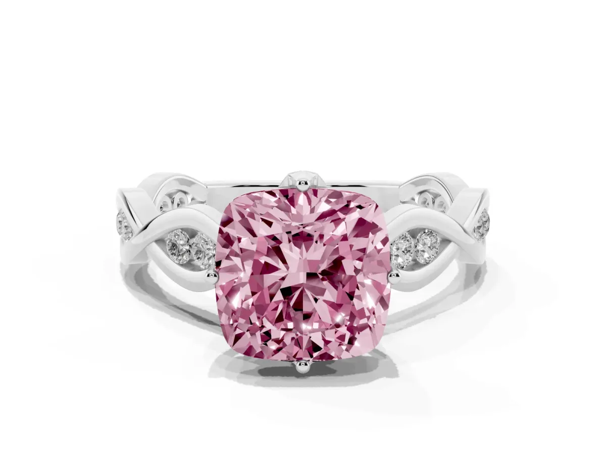 Fancy Pink Cushion Cut Solitaire Twist Band with Leaf Prong Setting Platinum