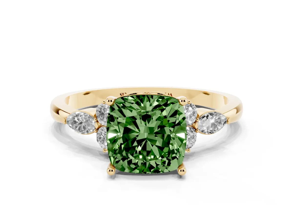 Fancy Green Cushion Cut Brilliant Diamond Solitaire Ring with Pear Side Stones and Four-Prong Setting Yellow gold