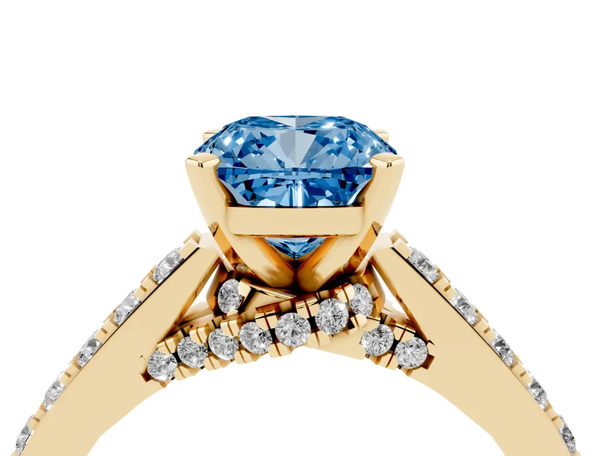 Fancy Blue Cushion Cut Diamond Solitaire Ring with Crossover Gallery and Round Pavé Band Yellow gold
