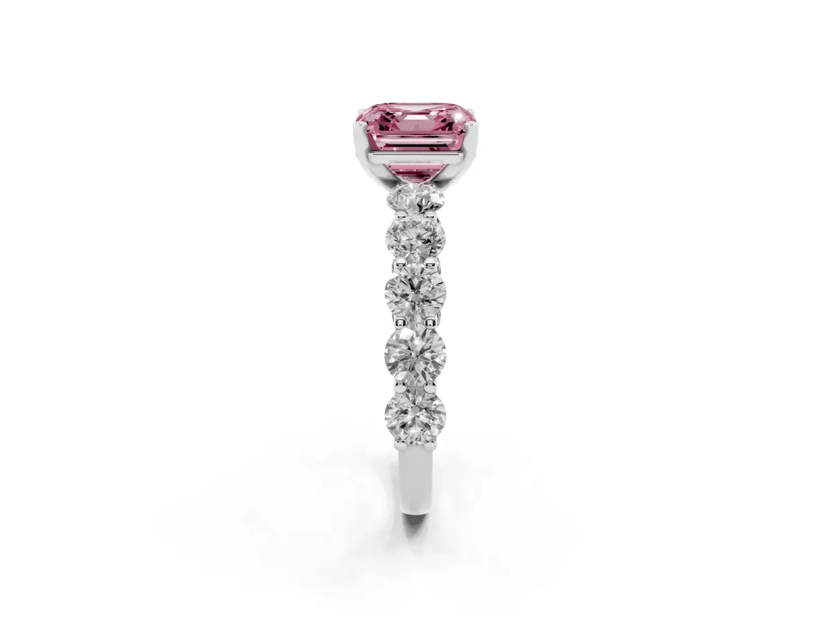 Fancy Pink Asscher Cut Diamond Prong Setting with Side Stones on a Pave Band Silver
