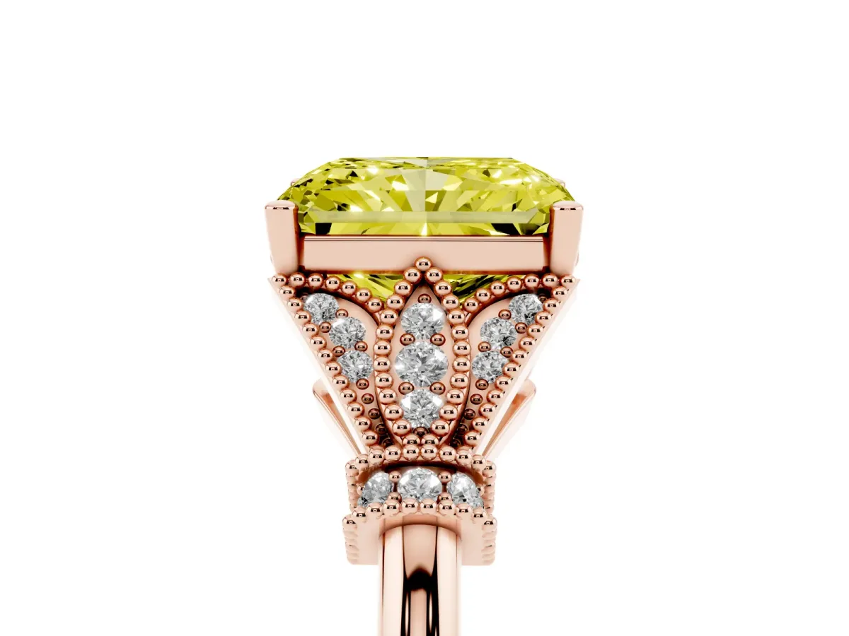 Fancy Yellow Radiant Cut Diamond Solitaire Ring with Floral Filigree and Pave Accents Rose gold