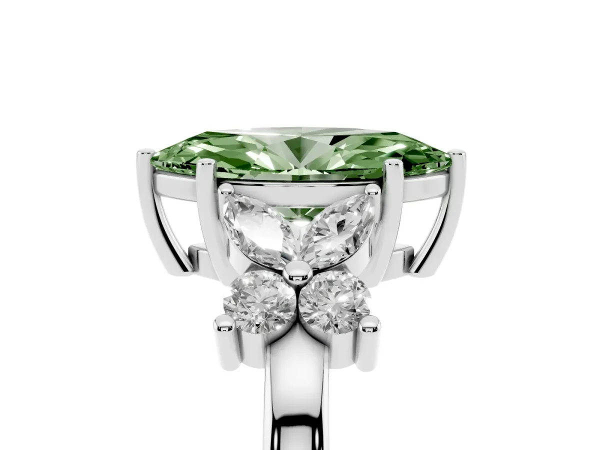 Fancy Green Marquise Cut Diamond Floral Cluster Ring with Solitaire Band and Prong Setting Platinum