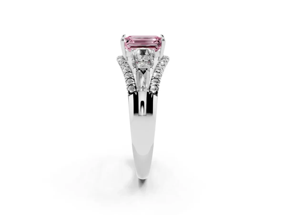 Fancy Pink Three-Stone Emerald Cut Diamond Engagement Ring with Pave Band and Prong Setting Silver