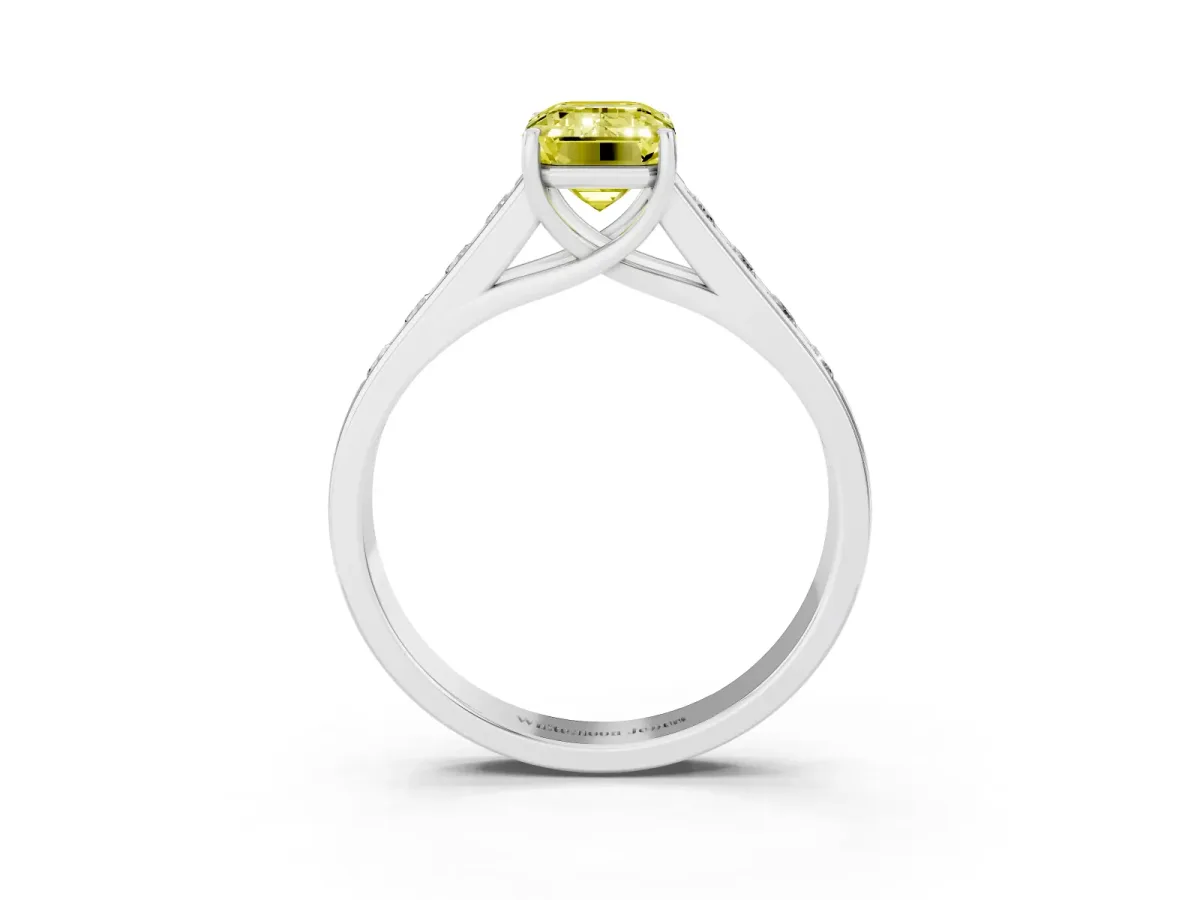 Fancy Yellow Emerald Cut Solitaire Channel-Set Diamond Engagement Ring with Four-Prong Setting Silver