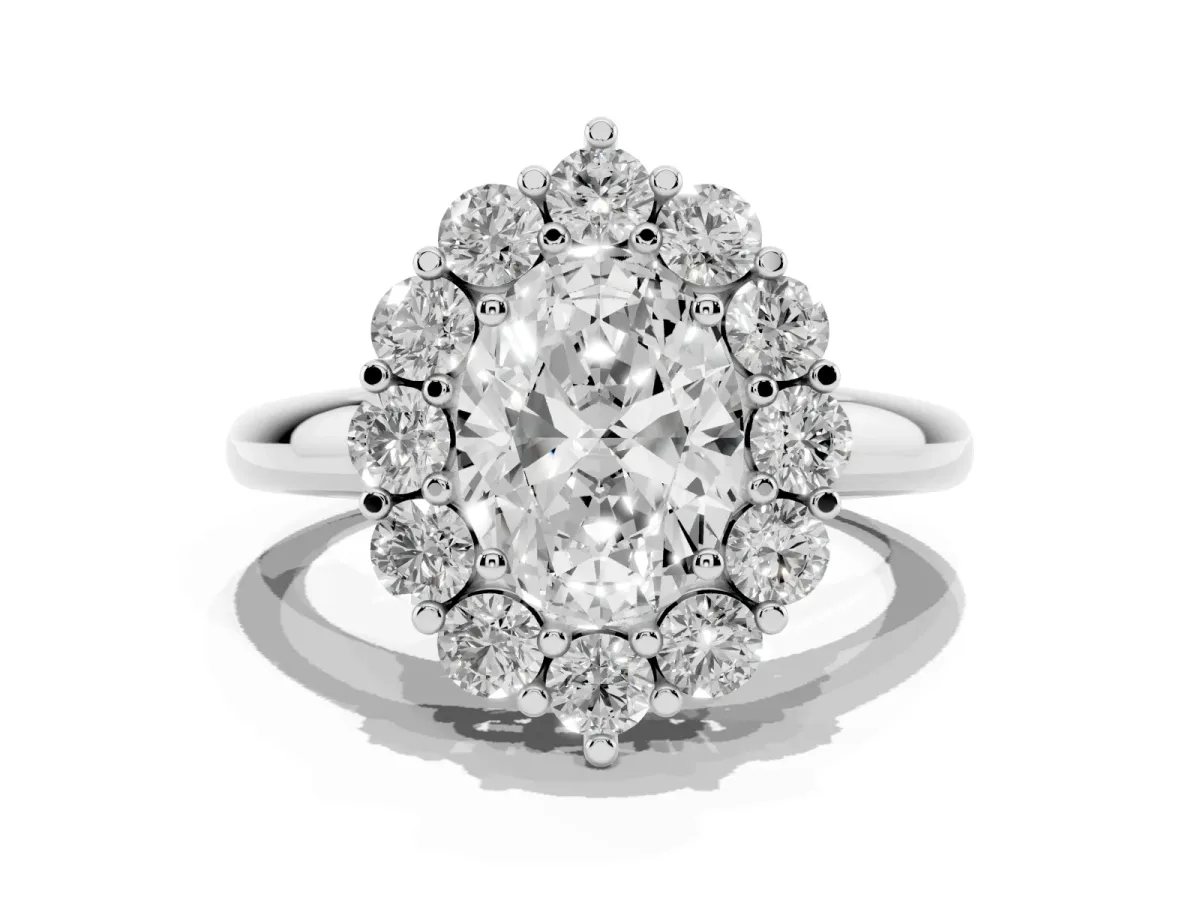 Oval Cut Halo Cluster Diamond Engagement Ring with Prong Setting and Polished Band Platinum