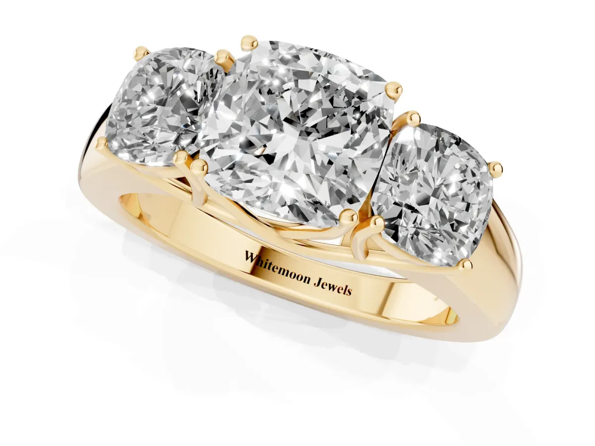 Three-Stone Cushion Cut Cut Diamond Ring with Prong Setting and Classic Band Yellow gold