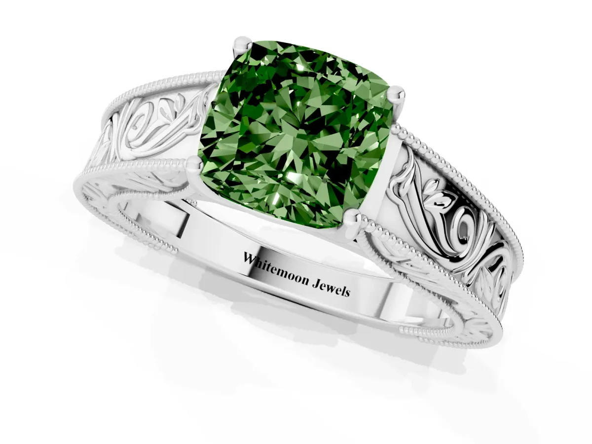 Fancy Green Cushion Cut Diamond Solitaire Ring with Engraved Band and Four-Prong Setting White gold