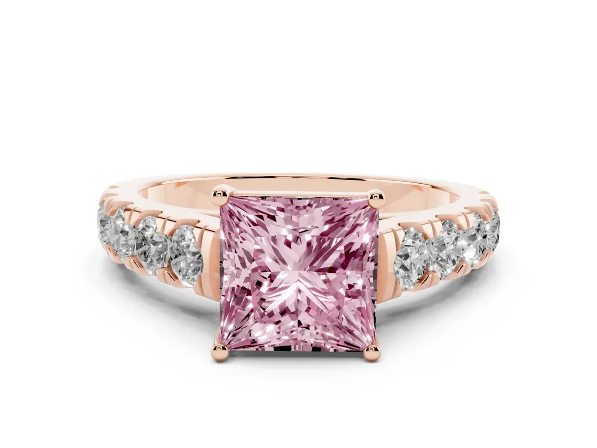 Fancy Pink Princess Cut Cut Diamond Solitaire Ring with Micro Pave Band and Prong Setting Rose gold