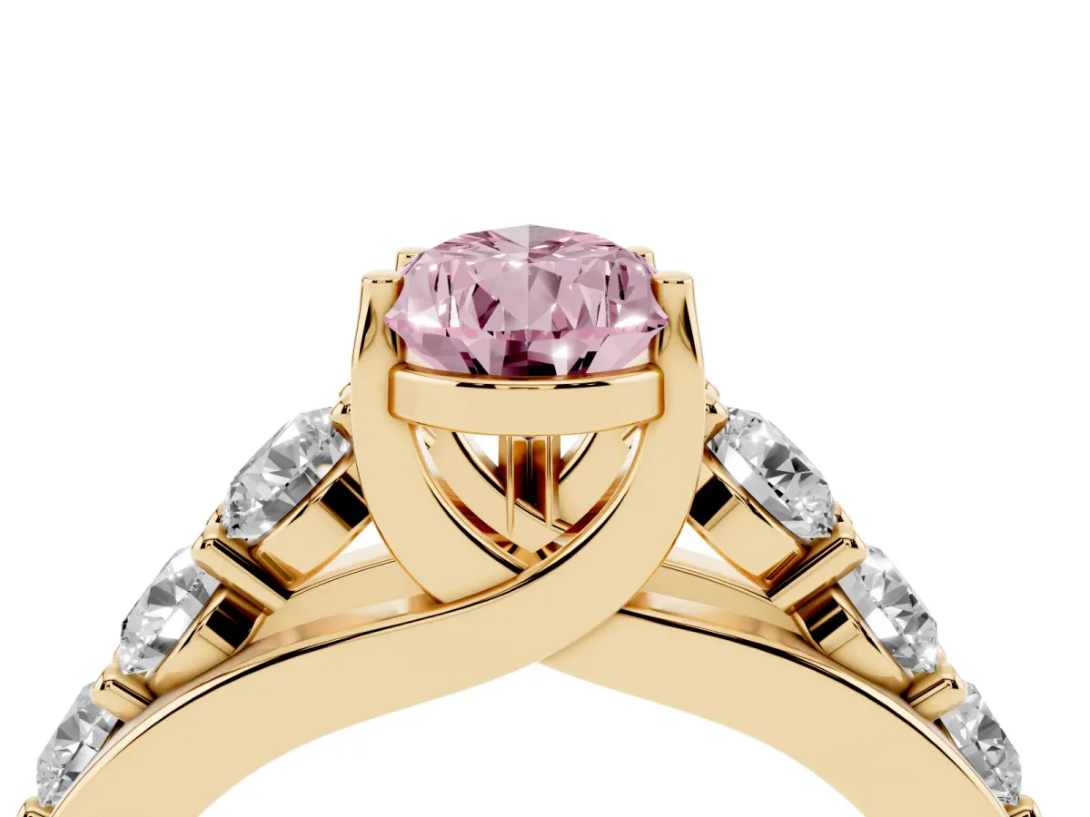 Fancy Pink Pear Cut Diamond Engagement Ring with Pavé Band and Four-Prong Setting Yellow gold