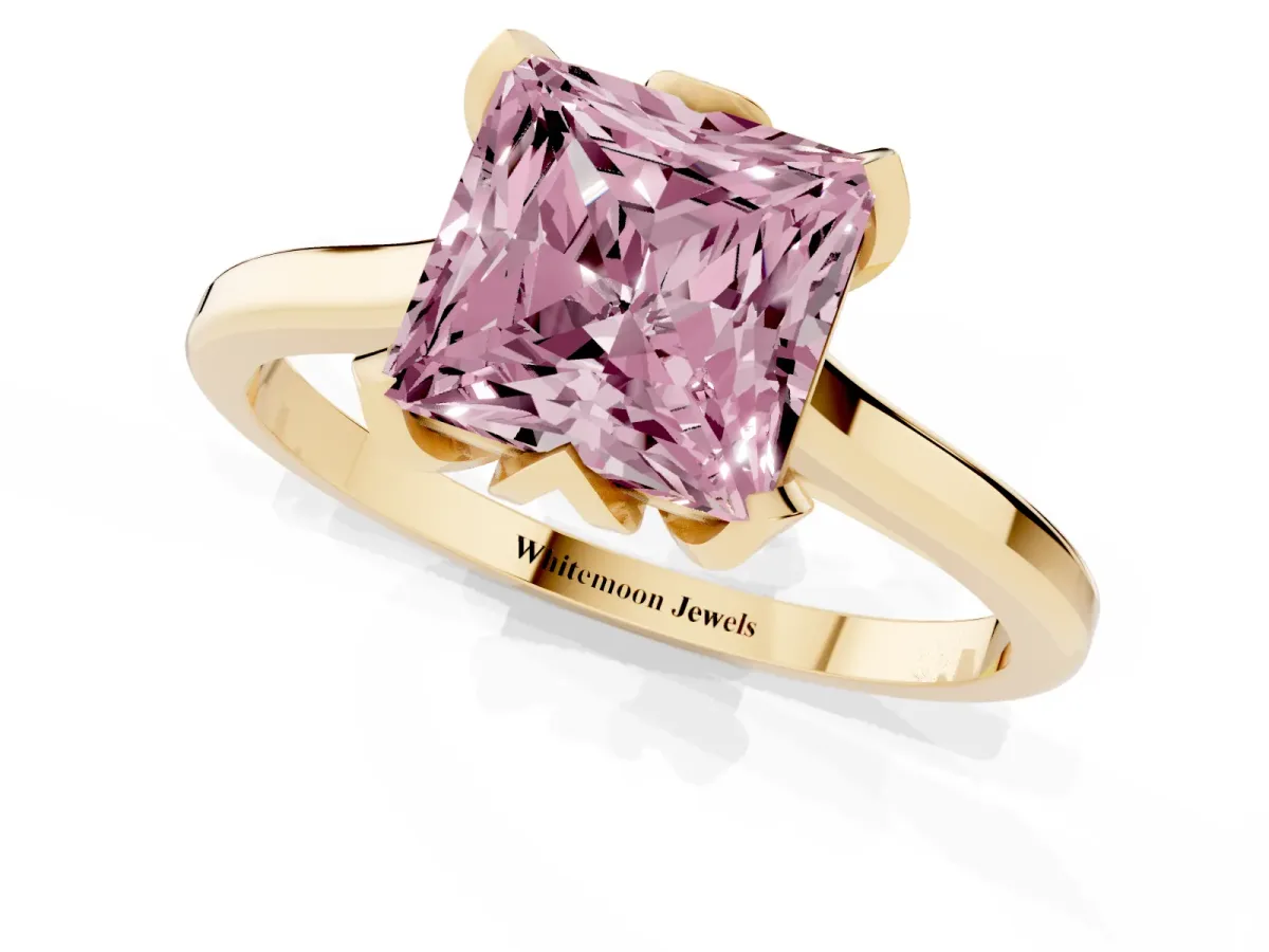 Fancy Pink Princess Cut Diamond Solitaire Ring with Flower Prong Setting and Classic Band Yellow gold