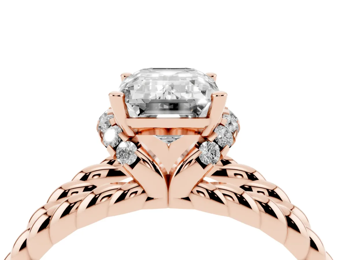 Emerald Cut Halo Twisted Band Four-Prong Ring Rose gold