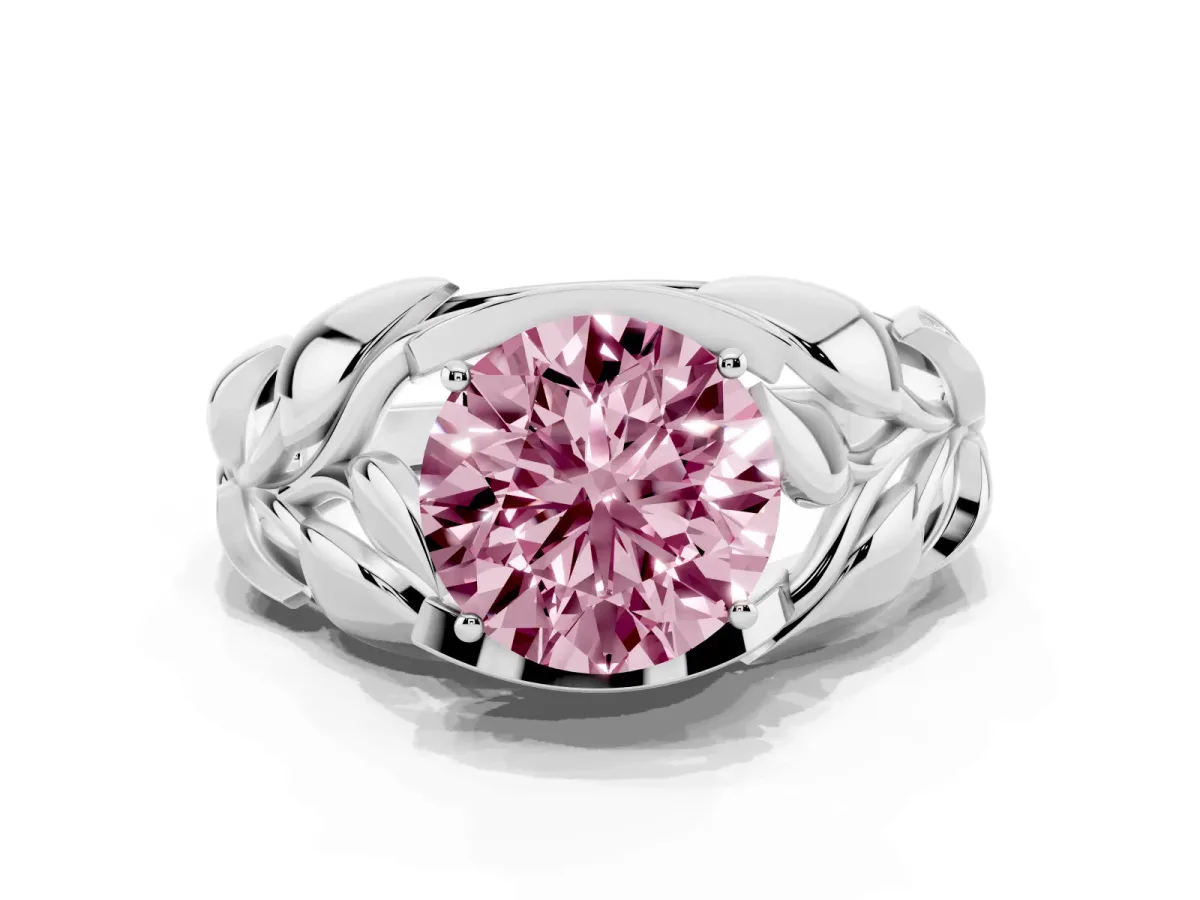 Fancy Pink Round Cut Diamond Leaf-Inspired Engagement Ring with Round Accents and Prong Setting White gold