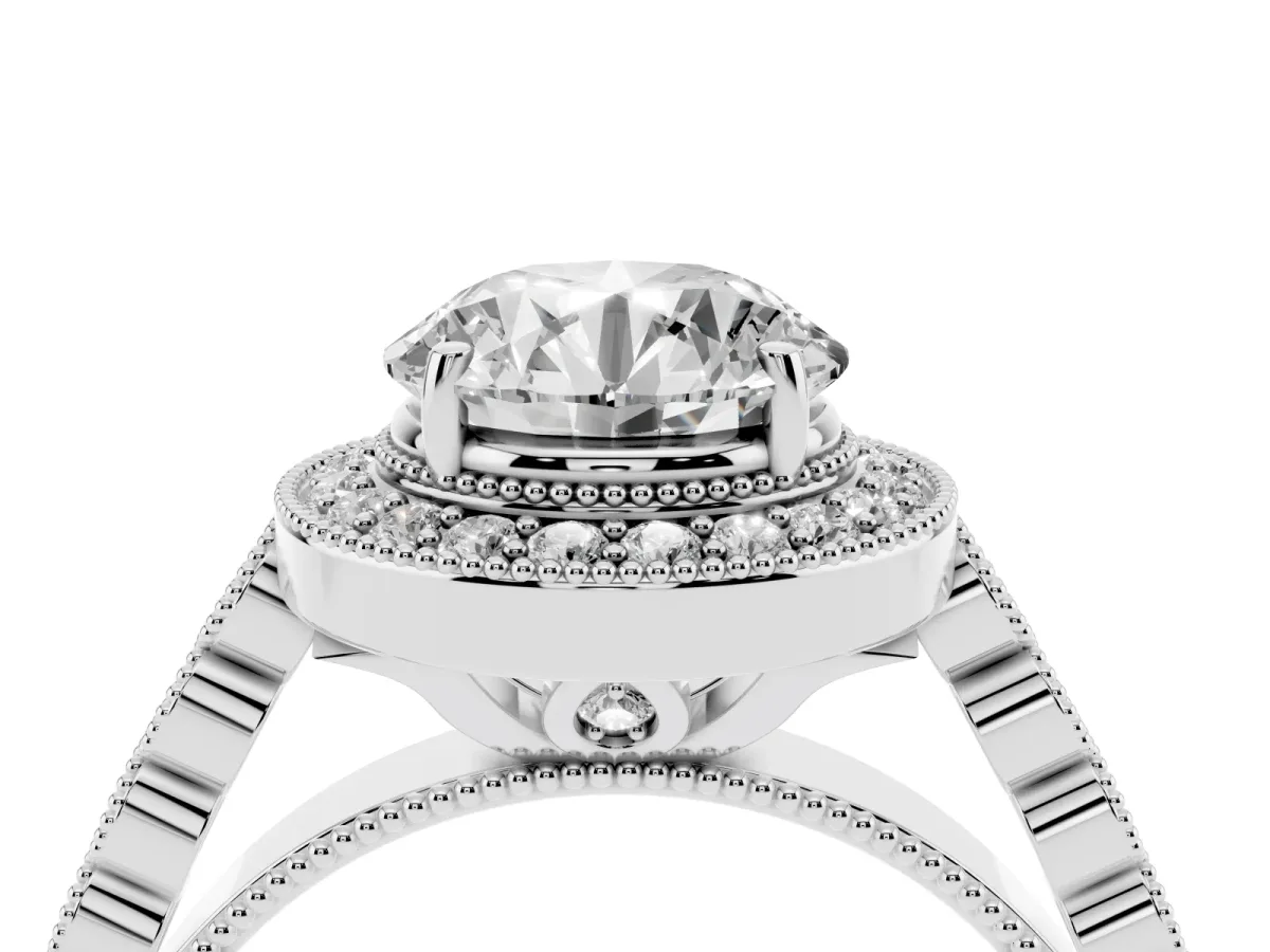 Round Cut Halo Milgrain Solitaire with Bezel Set Side Stones and Pave Band White gold