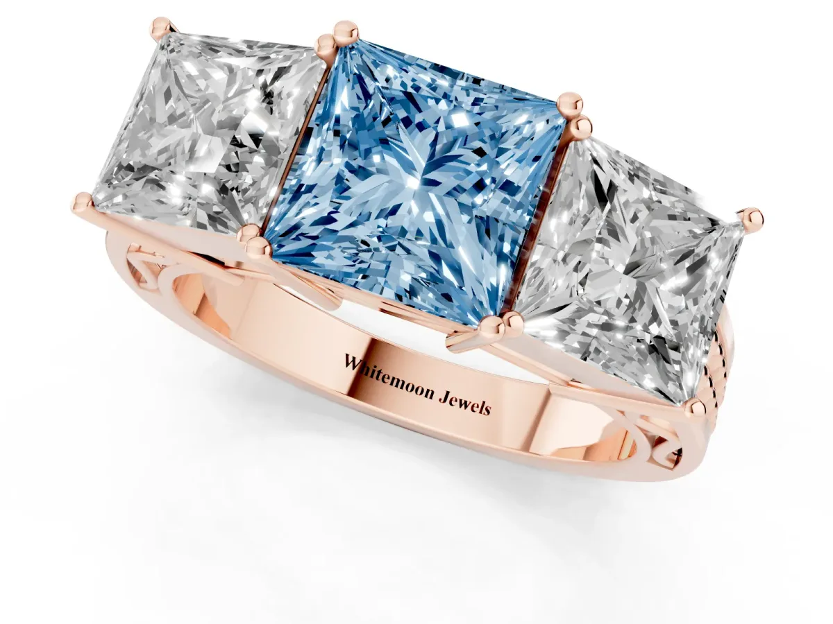 Fancy Blue Princess Cut Diamond Three-Stone Ring with Prong Setting and Textured Band Rose gold
